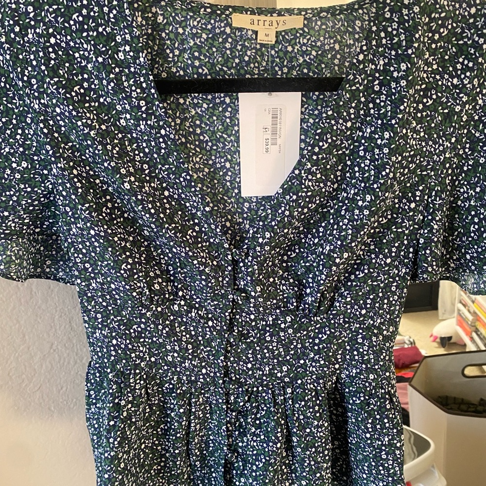 Super cute blue and green button and tie blouse!